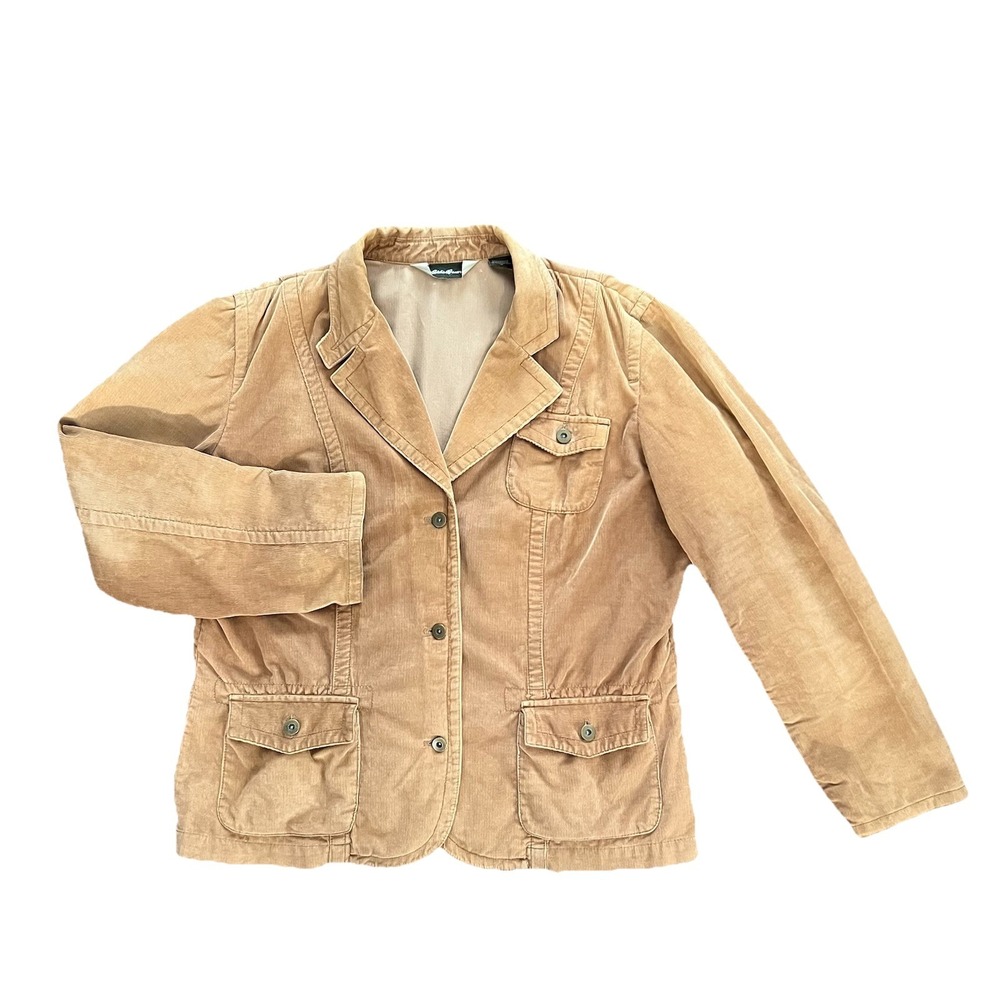 EDDIE BAUER Tan Brown Corduroy Dress Jacket‎ Blazer Women's Size 12 Pockets Y2K